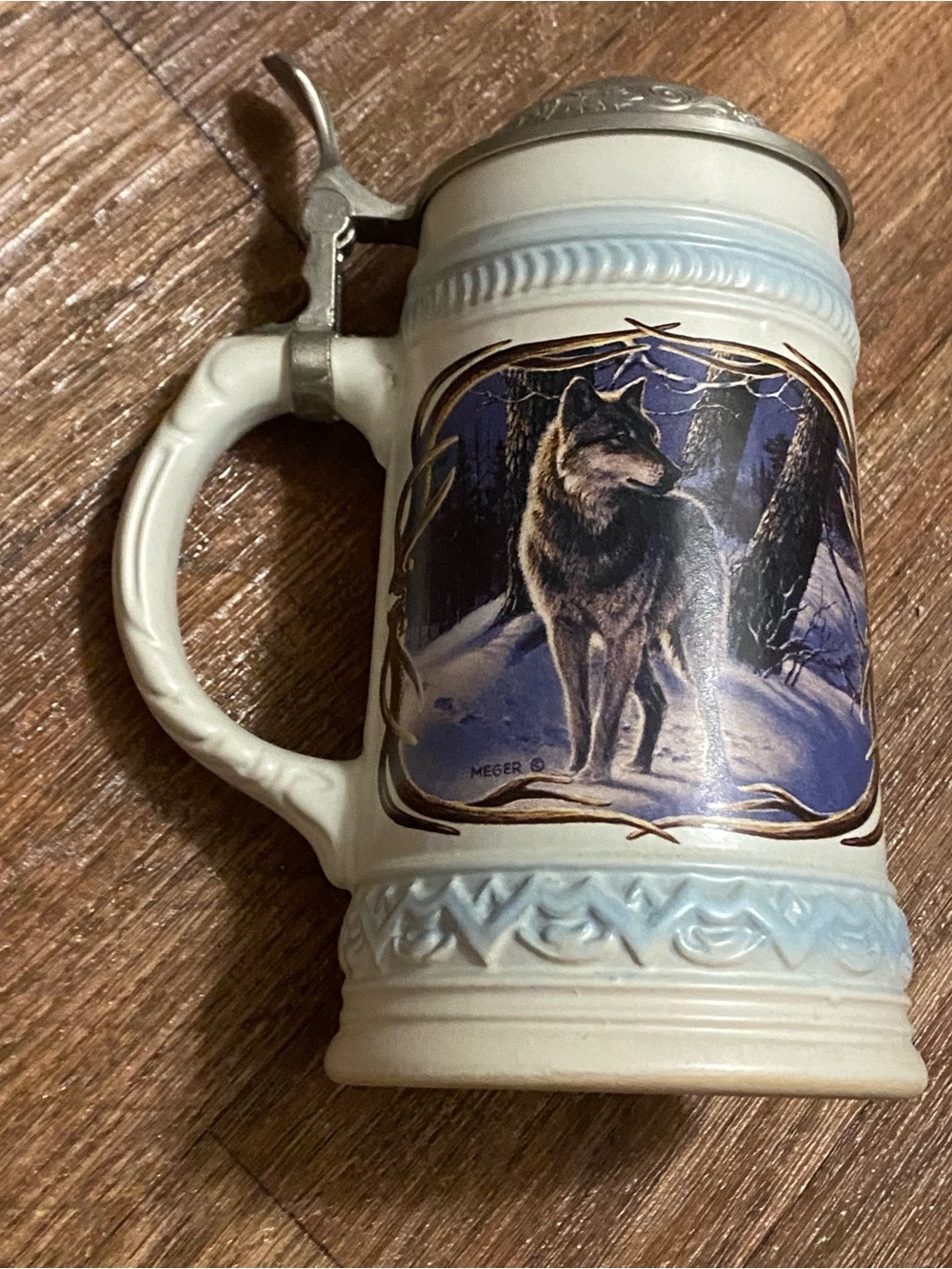 GERZ German Stein Timber Wolf White Ceramic Pewter Lid 7”H x 4” W By James Meyer